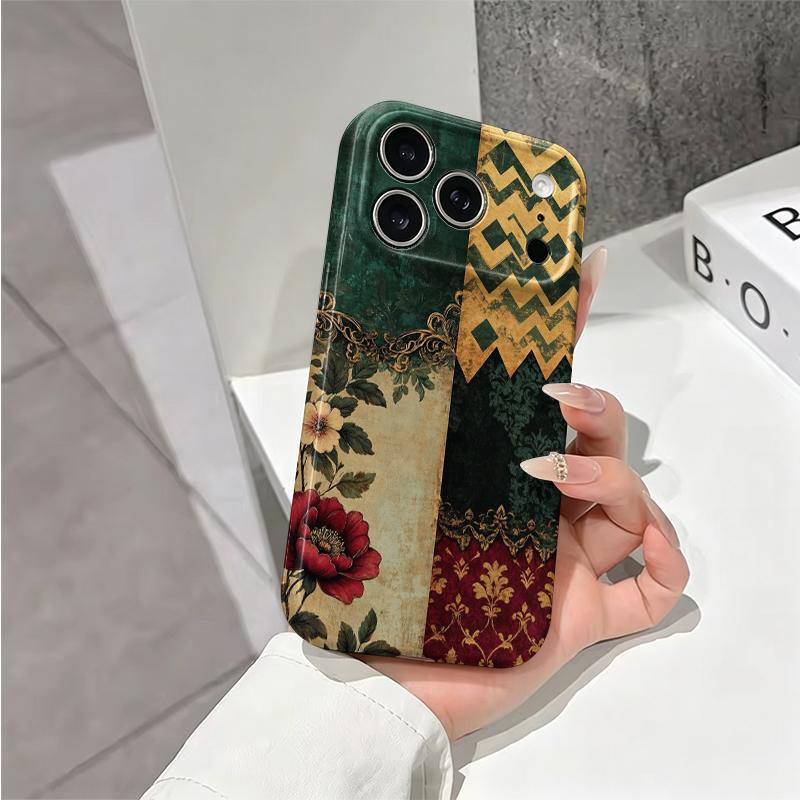Noble Green Gold Baroque Patchwork Floral Art Graphic Film Aesthetic Protective Shockproof Bumper Case For iPhone 13 14 15 16 17 Pro Max Plus