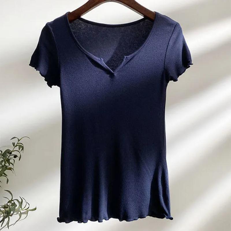 T-shirt da Donna Bianca Scollo a V Orlo Sfilacciato Manica Corta Aderente Morbida Elastica Casual Base