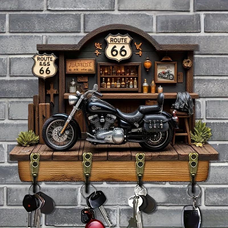 Motorrad-Thema Wandmontiertes Schlüsselbrett Holz 2D Flach 4 Metallhaken Dekorativer Organizer für Man Cave Garage Dekoration