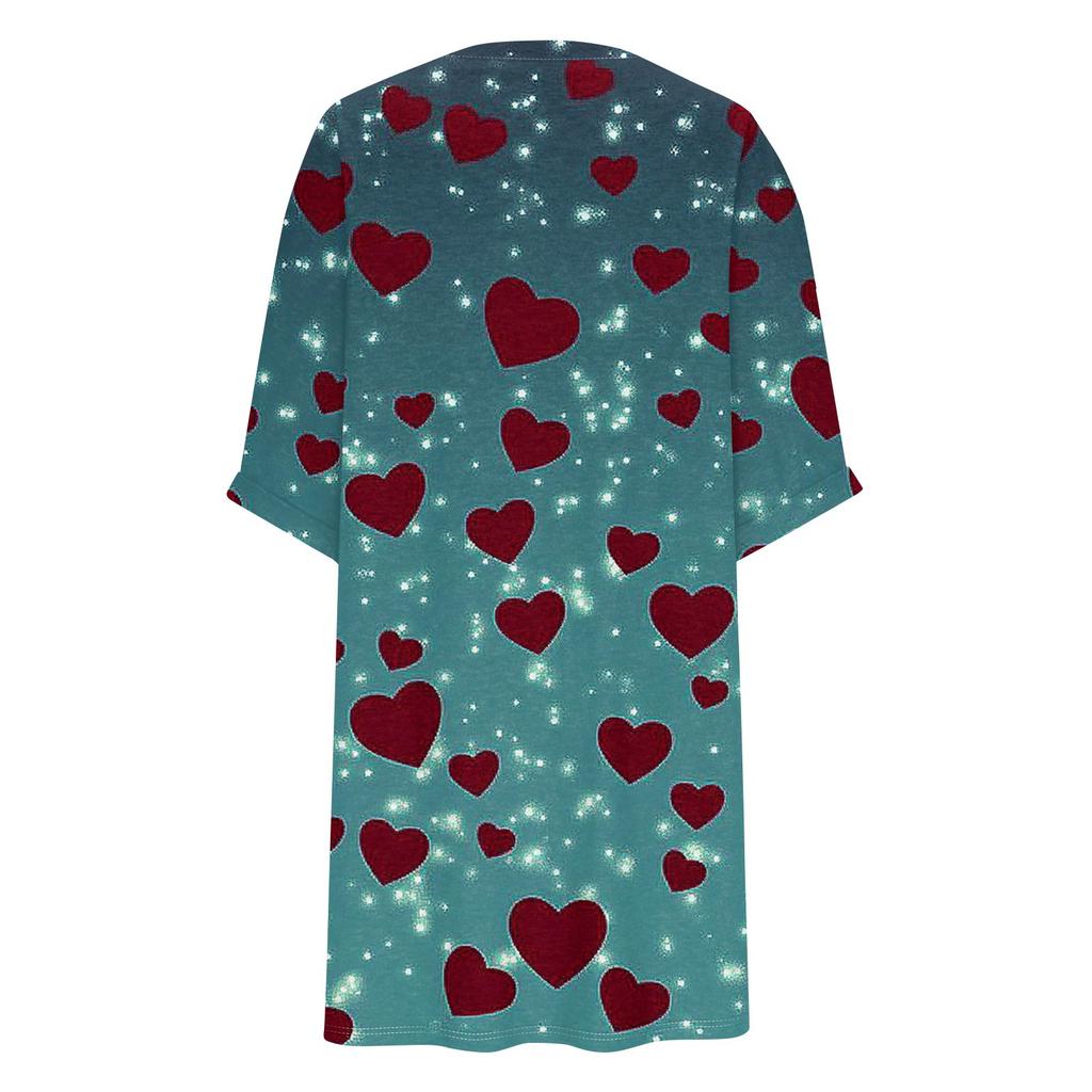 Damenmode Übergröße V-Ausschnitt Dreiviertelärmel Lässiges Lockeres Kleid mit Valentinstags-Liebesdruck und Taschen