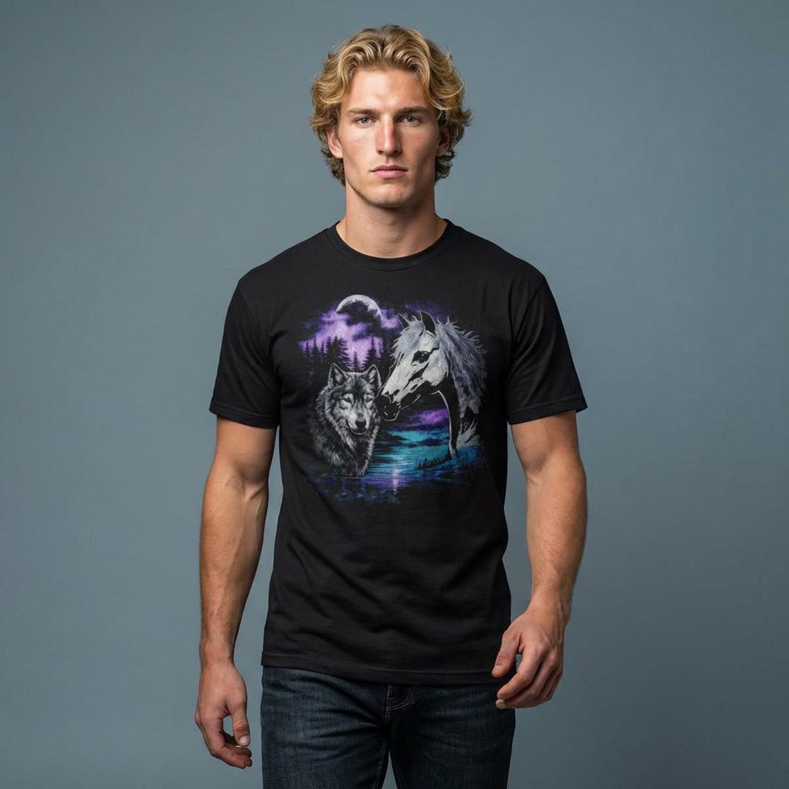 Wolf and Horse Moon T-Shirt | Night Forest Wildlife Scene M