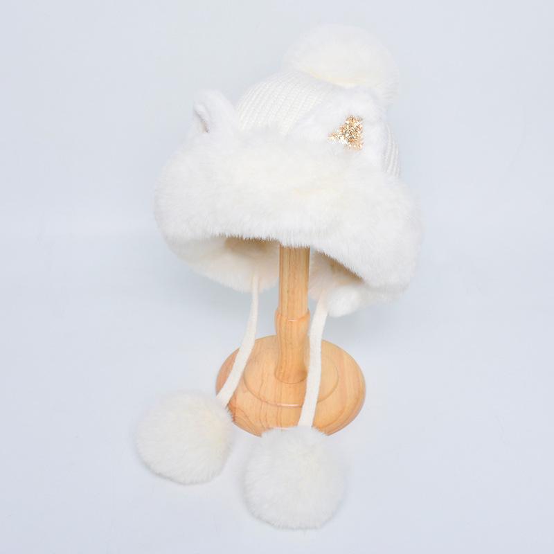 Women Winter Cute Knitted Cartoon Hair Ball Ear Protector Cap Plush Thickened Warm Hat EMA