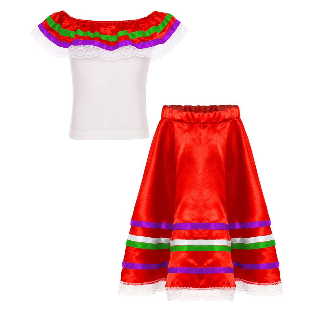 Girls Mexican Dress Set Off Shoulder Ruffled Top Elastic Waistband Lace Ribbon Trim Skirt