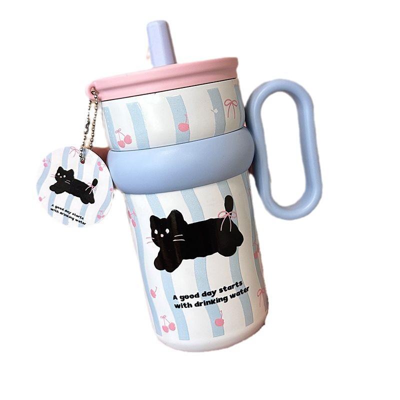 Isolierte Wasserflasche mit großem Fassungsvermögen, Griff und Strohhalm für Schule und Reise