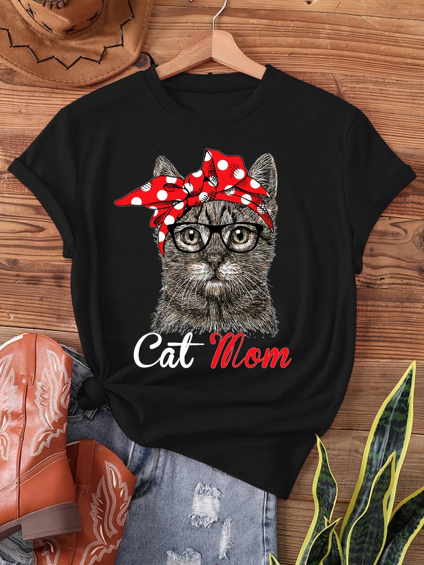 Cat Mom Women s Tee - Cute Cat with Bandana & Glasses Graphic, Casual Black Top S
