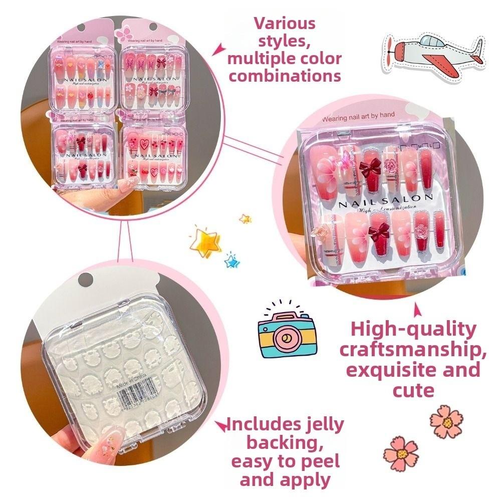 Hot Cartoon Children Wearing Nails Cute Detachable Short Nail Sticker Cherry Bow Nail Tips for Girls Students