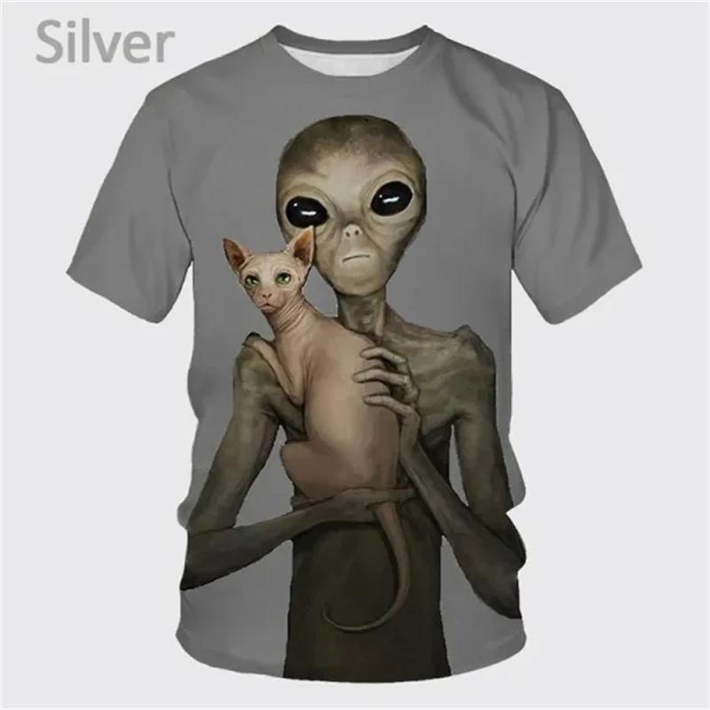Fashionable New Casual Short Sleeved Alien Fun Pattern Men's T-shirt Alien 3D Printed Street Round Neck Short Sleeved Top