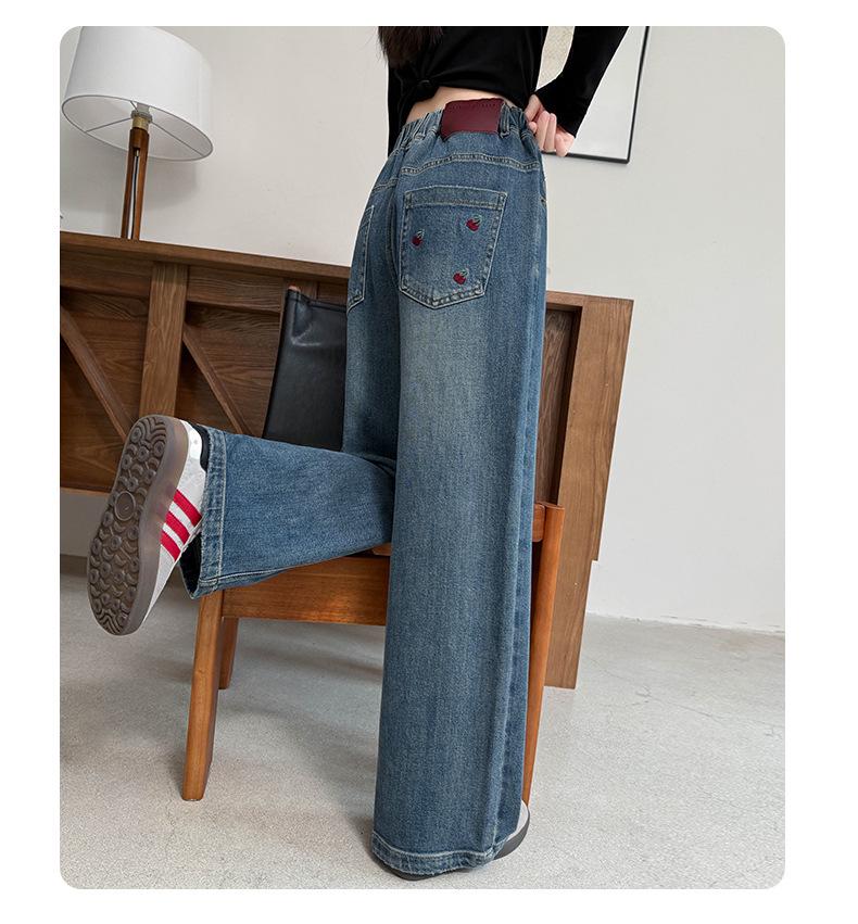 2025 Girls' Embroidered Wide-Leg Jeans: Spring/Fall Casual Straight-Leg Pants for Medium & Big Kids