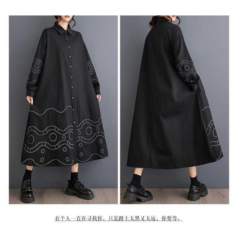 Lösa Plus Size Splicing Casual Enkla Broderier Söta Långärmade Klänningar