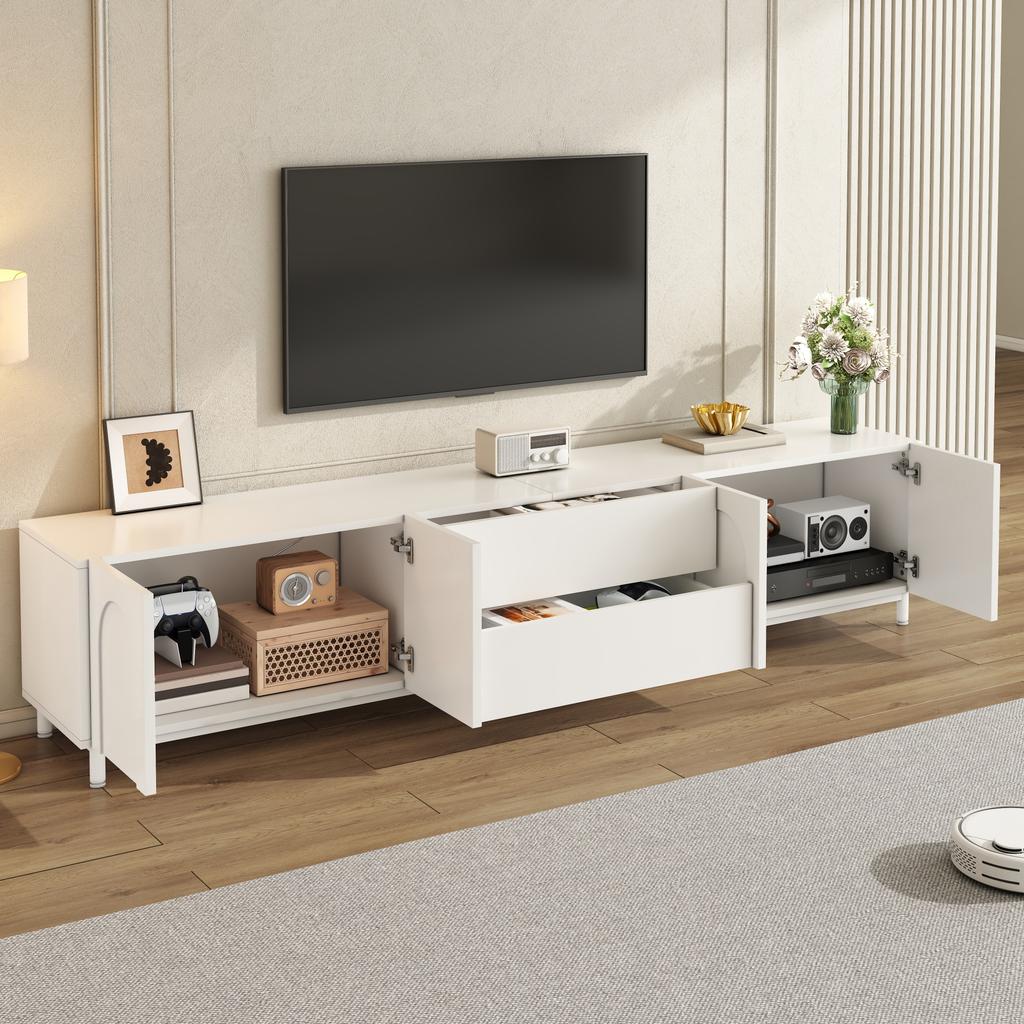 TV Cabinet with Four Doors and Two Drawers, Cabinet made of Chipboard + MDF, Steel Tube Feet, Modern Living Room Storage Cabinet with Arched Doors