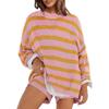 VEZFAA Women's Fashion Casual Stripe Print Spring Autumn Long Sleeve O-Neck Trousers Pants Suits