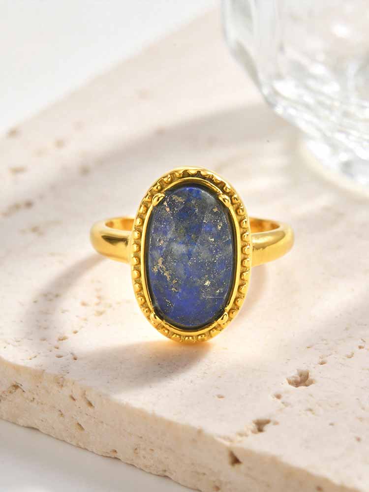 Natural Lapis Lazuli Ring Oval Blue Stone Stainless Steel Adjustable Open Ring Women Waterproof Handmade Jewelry