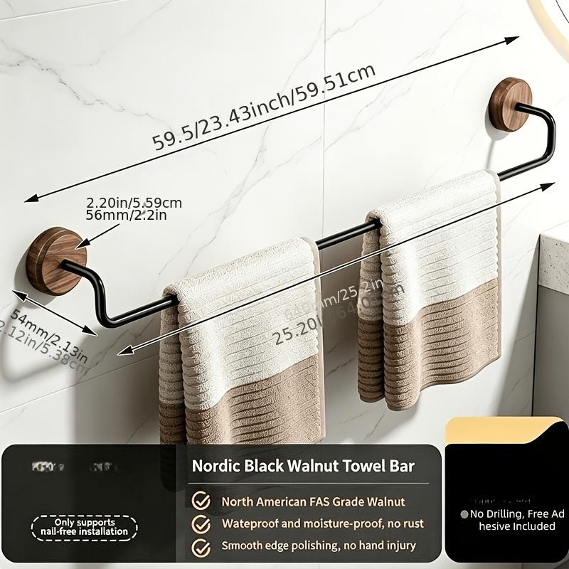 Multifunctional Wall Mount Towel Shelf, Walnut Wood & Carbon Steel Towel Rack with 5cm Hanging Distance for Home Bathroom