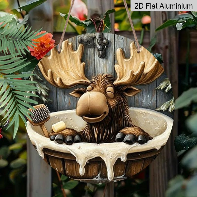 2D Flat, 1pc Round "Charming Moose Bathroom Theme" Aluminum Wall Sign, Funny Moose Bath Time Vintage Lodge Design, Durable Weatherproof Decor