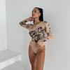 Women Sexy European Style Round Neck Long Sleeve Printed Slim Fit Bodysuit