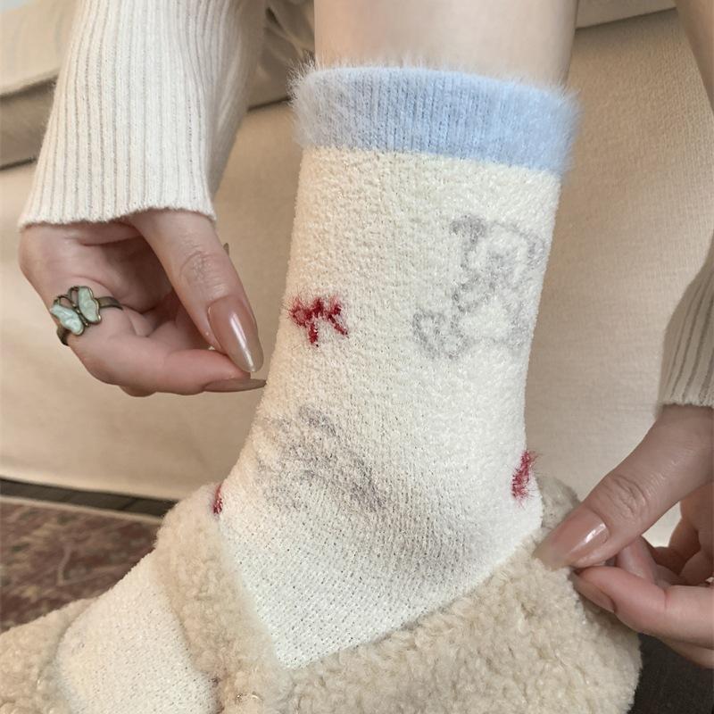 Baby Fleece Is Coming~ Jiefiti Thickened Thermal Socks Plaid Bow Cartoon Bear Stacking Socks