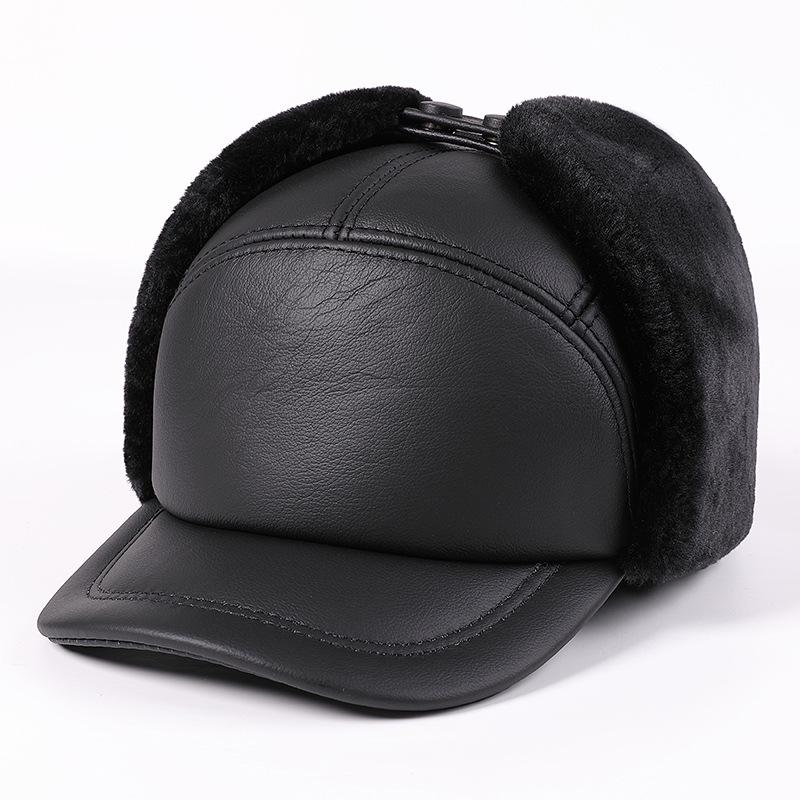 Men's Winter Genuine Leather Lei Feng Hat - Warm Duckbill Cowhide Cap for Elderly