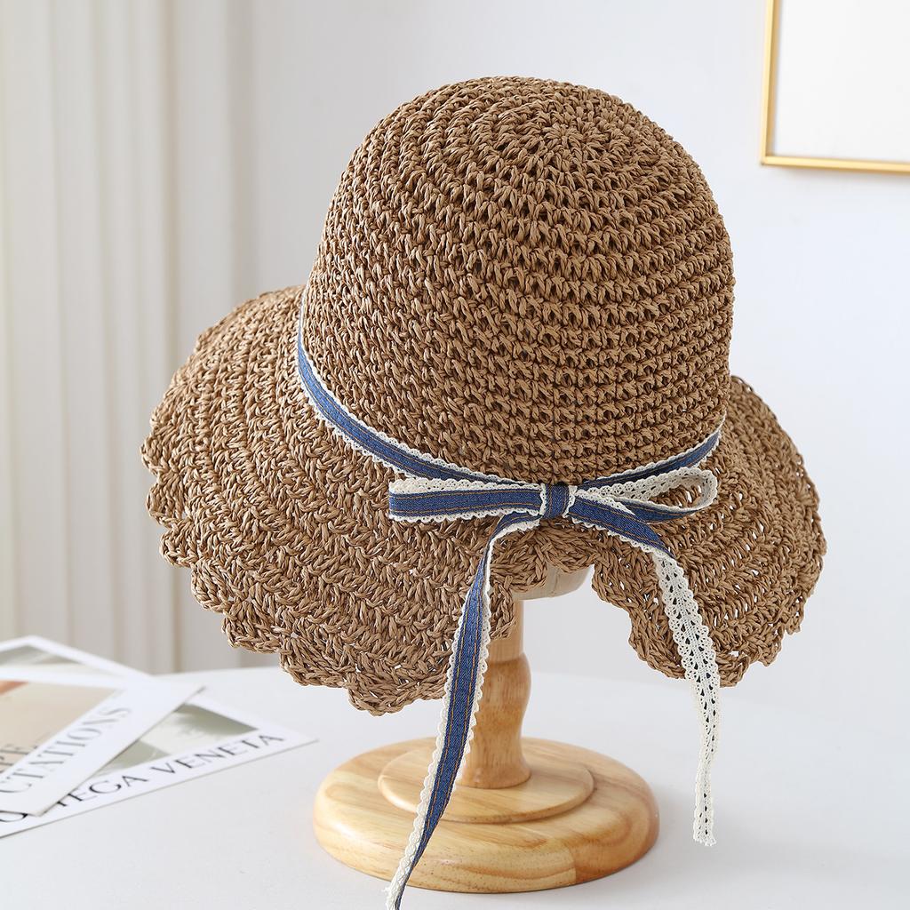 New sweet straw hat women's hand-woven split lace big brim sunshade sunscreen hat summer foldable beach hat