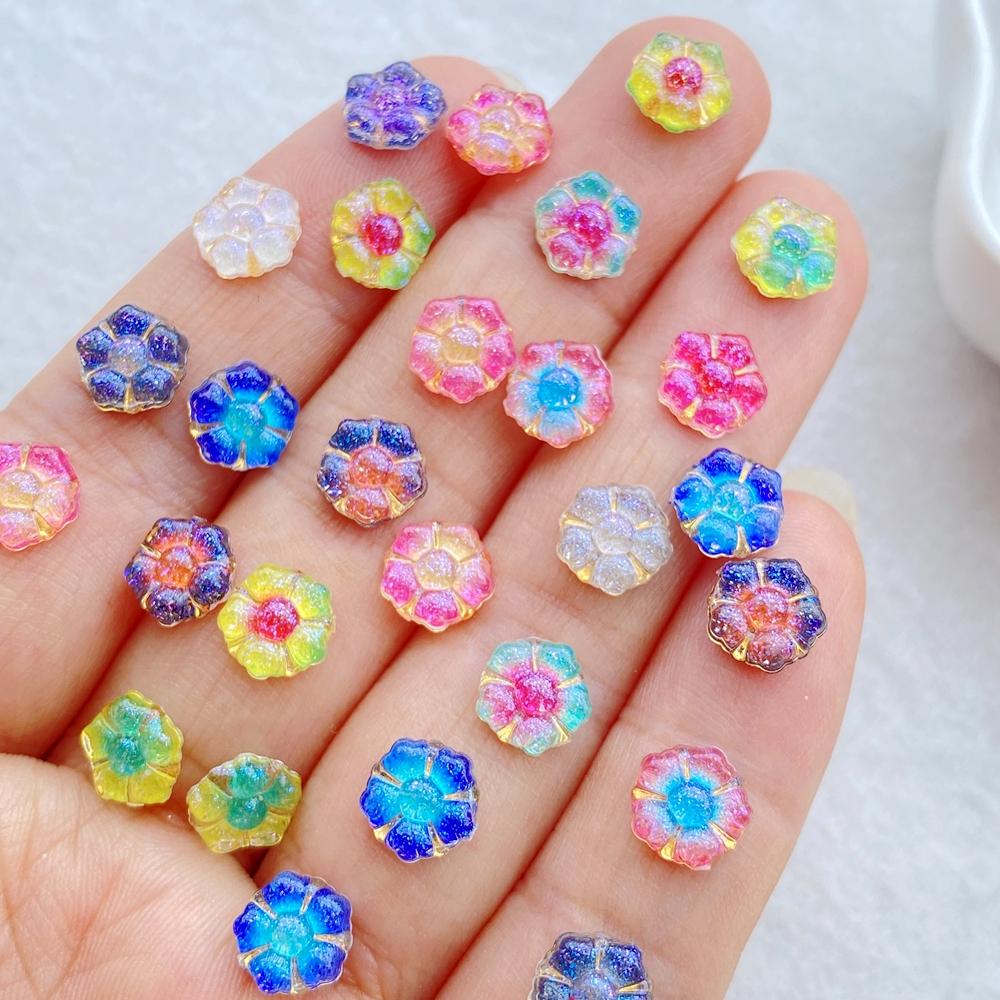 50Pcs 7mm Resin 3D Colorful Mini Shiny Flower Gems Flatback Figurines Scrapbook Wedding Applique Nail Art Decor Crafts