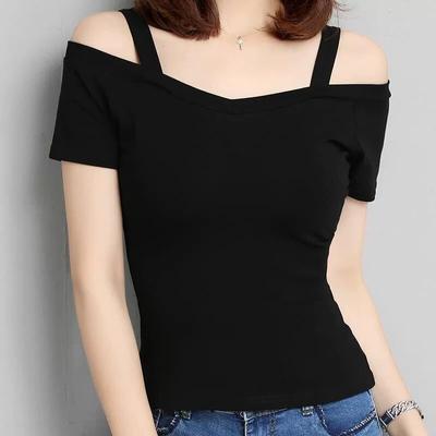 Summer New Korean Version of The Strapless Sling Short-sleeved T-shirt Women's One-neck Strapless Sexy Slim-fit Top