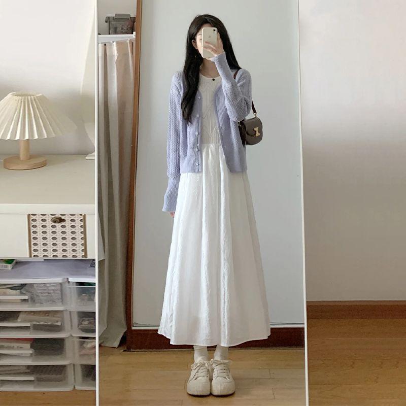 Französischer Teepause Frühling Strick Cardigan & Weißes Weste Langes Kleid Set für Damen - Altersreduzierendes Sommer Zweiteiliges Outfit