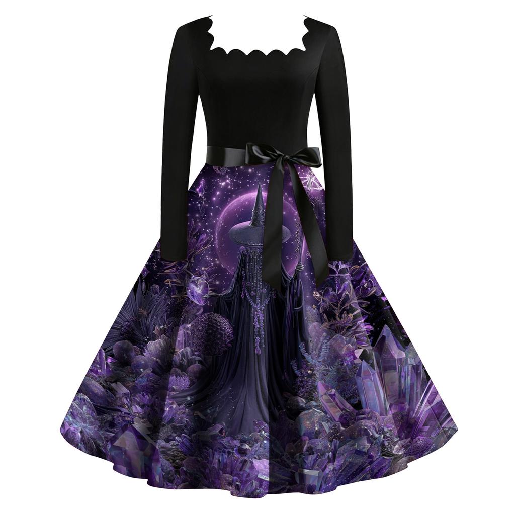 Women's Vintage Square Neck Long Sleeve Dress with Halloween Print for Evening Party