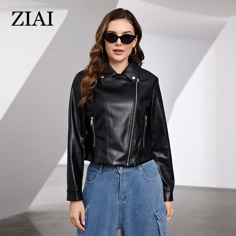 ziai New Spring Autumn Women Short Faux Leather Jacket Casual PU Coat Loose Motorcycle Jackets Fashion Streetwear Oversized Korean Coat ZPW-202301