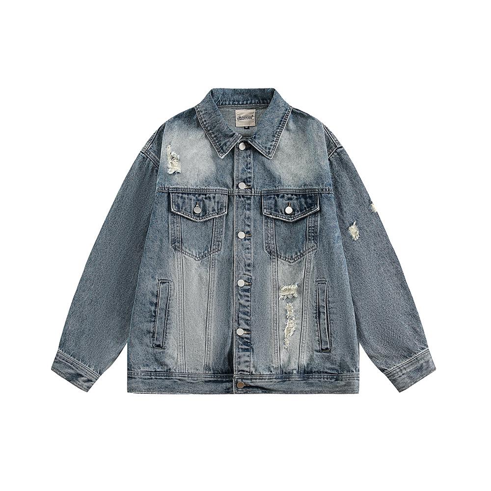 

Мужская ретро синяя рваная джинсовая куртка CATTEE – уличная одежда в американском стиле для весны, крутой и красивый высококачественный рабочий топ M