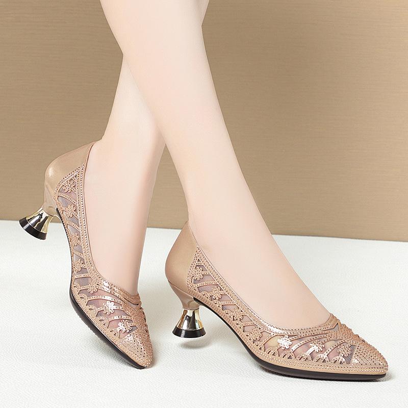 5cm All Match Comfortable Breathable Rhinestone Mesh Leather Shoes Women Pumps 2025 Spring Summer Med Kitten Heels Shoes Office