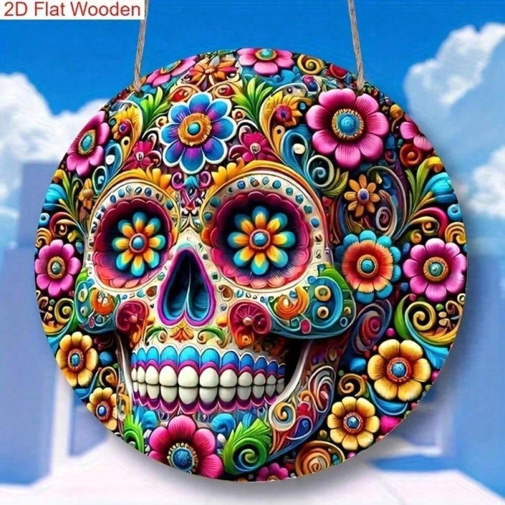 Day Of The Dead Sugar Skull Metal Sign, Colorful Floral Wall Art, Halloween Home Decor, 1 Pack