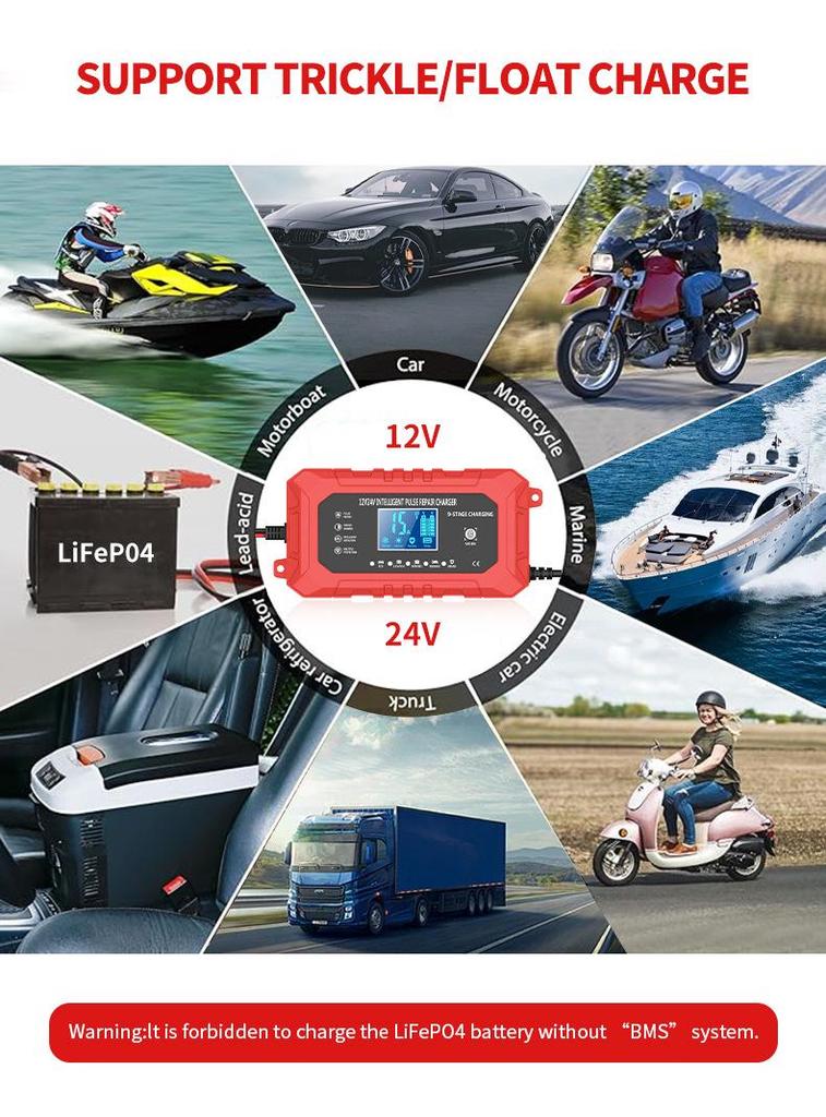 12V/24V Car Battery Charger, 15A/8A