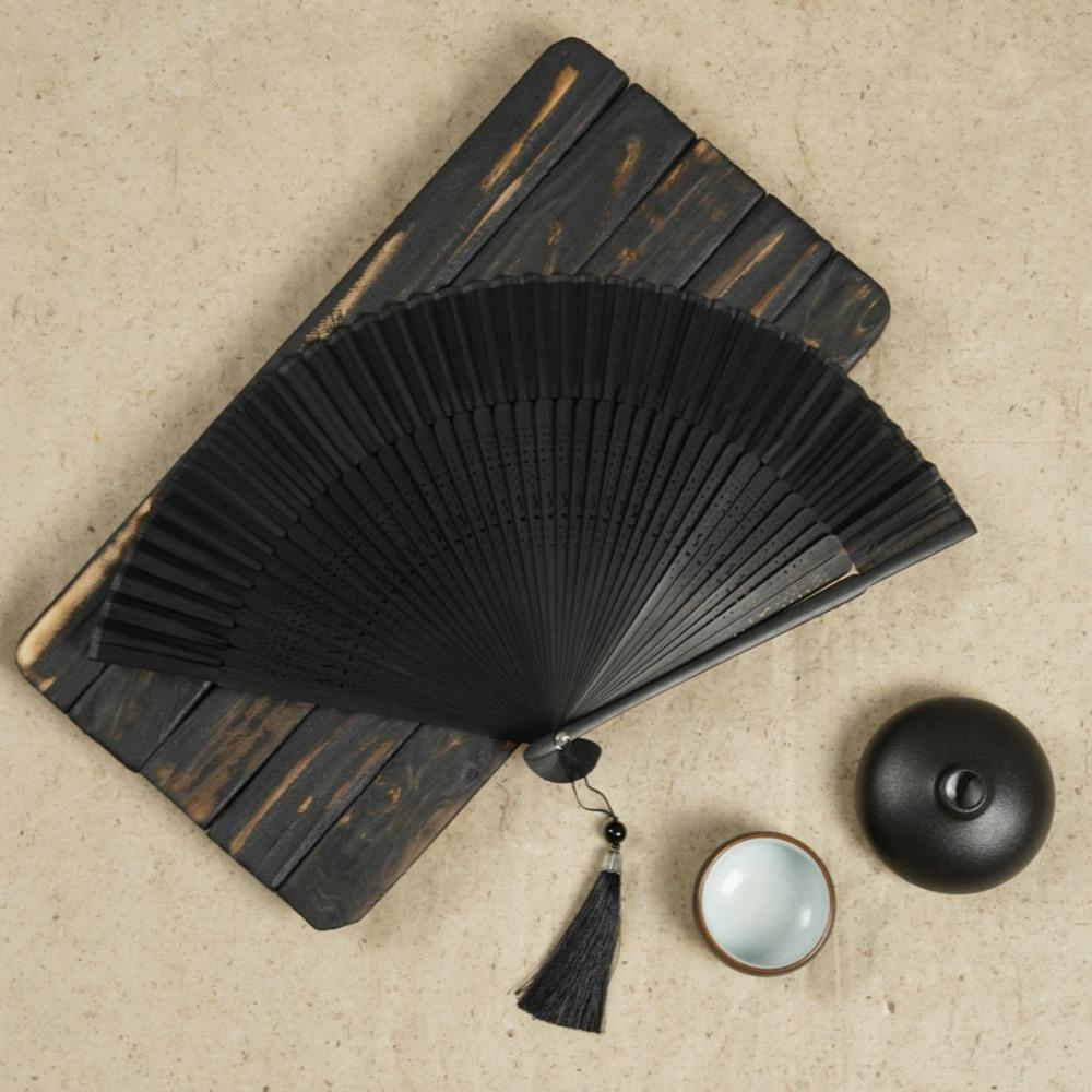 Decorative Fan Carved Handle Bamboo Folding Fan with Tassel Handhold Chinese Fan Vintage Dance Fan Photo Props