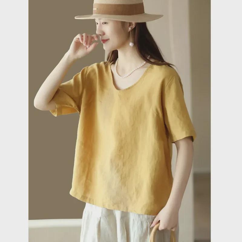 

Женский ретро-топ из хлопка и льна с V-образным вырезом и короткими рукавами XXL жёлтый