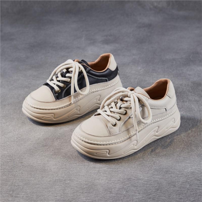 Johnature Pantofi de damă din piele naturală cu talpă groasă pentru creșterea în înălțime, pantofi albi casual confortabili cu talpă plată