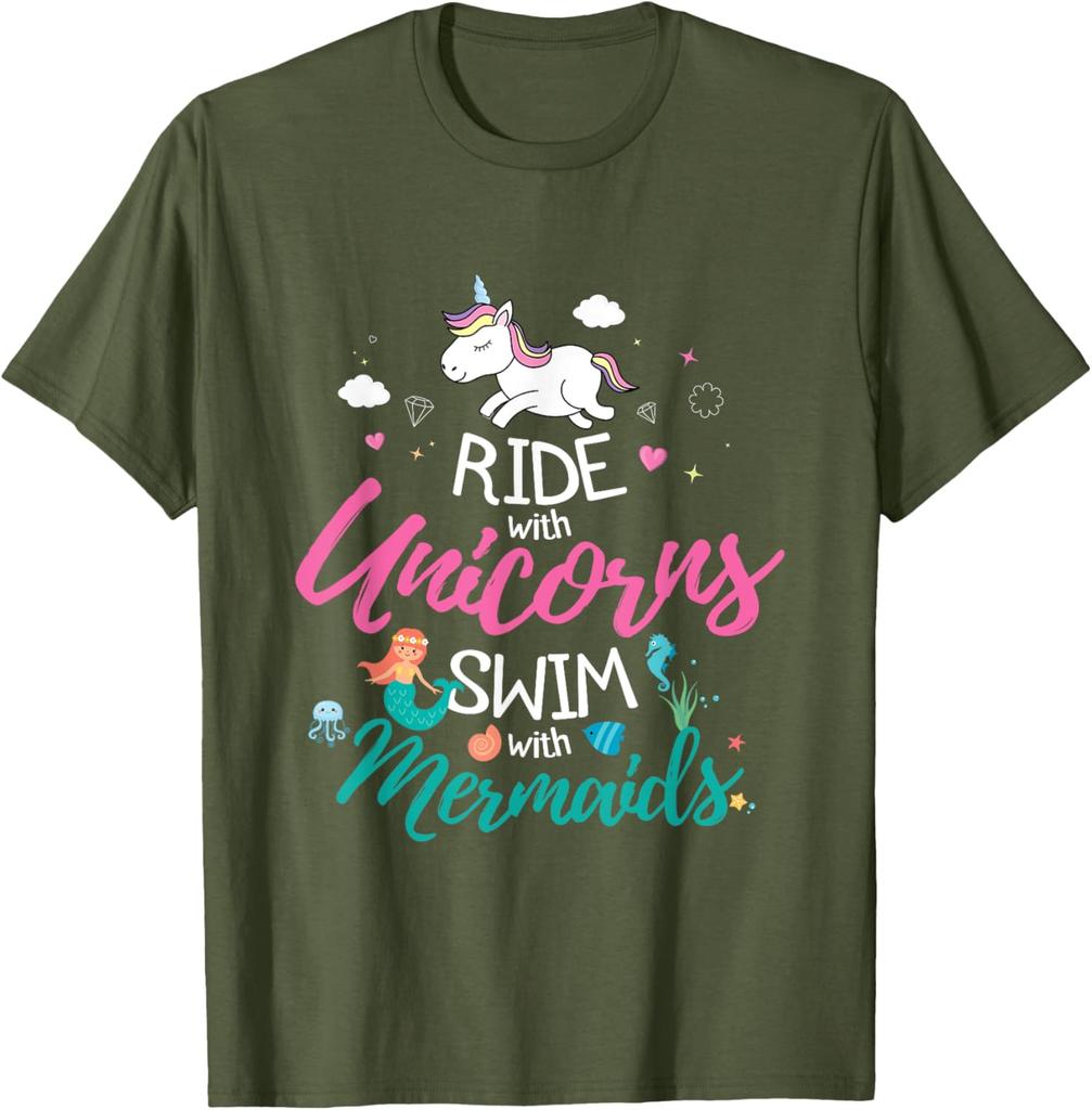 Ride With Unicorns Swim With Mermaids Graphic Tee Casual Short Sleeve Cotton TShirt for Girls