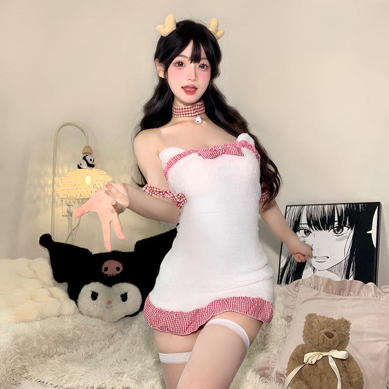 Seductive Christmas Teddy Bear Lingerie Set: Plush, Backless Nightgown & Maid Outfit