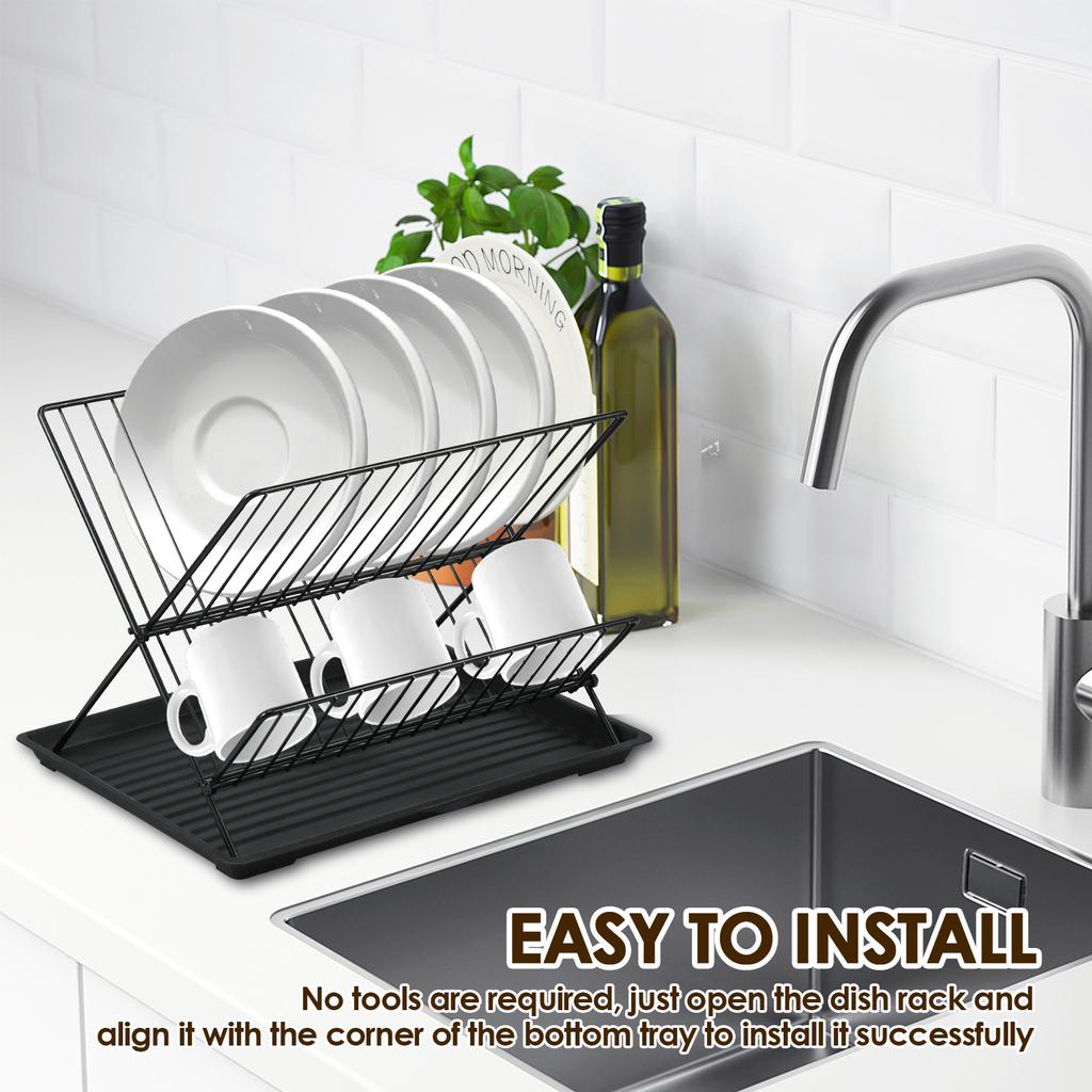 Dish Drying Rack with Drip Tray 2-Tier Compact Kitchen Dish Rack Foldable Dish Drainer Rack Kitchen Plate Organizer Utensil Rack
