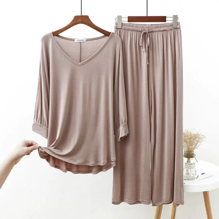 Loose Fat Homewear Casual Modal Cotton Sleepwear Spring Autumn Women Long Sleeve Home Suit Sexy V Neck Suit