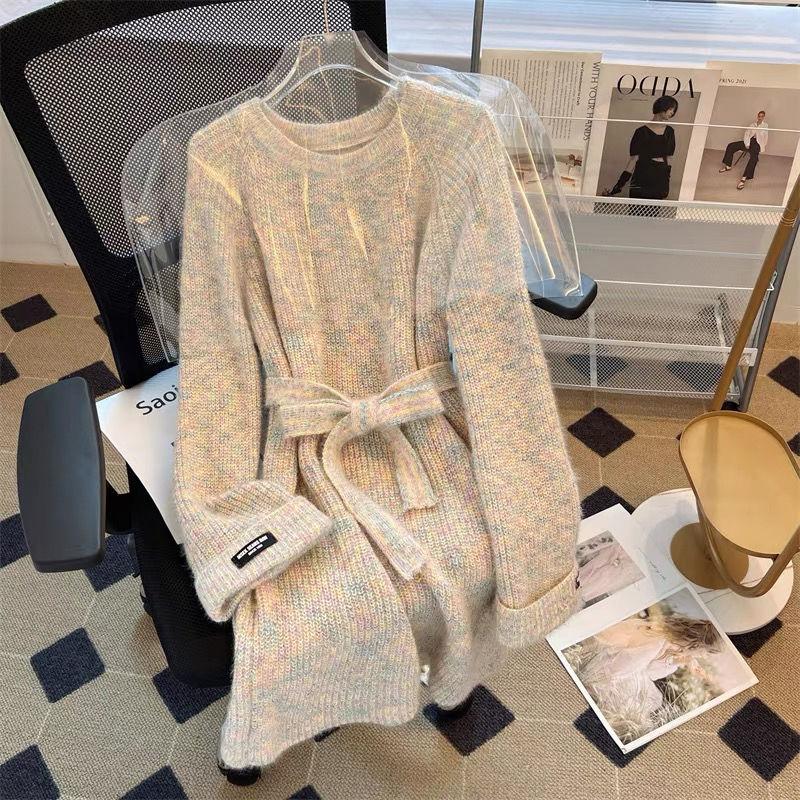 Kobieta Długi Sweter Okrągły Dzianinowy Top Różowy O Dekolt Słodki Sweter Damski Rękaw Odzież Moda Harajuku
