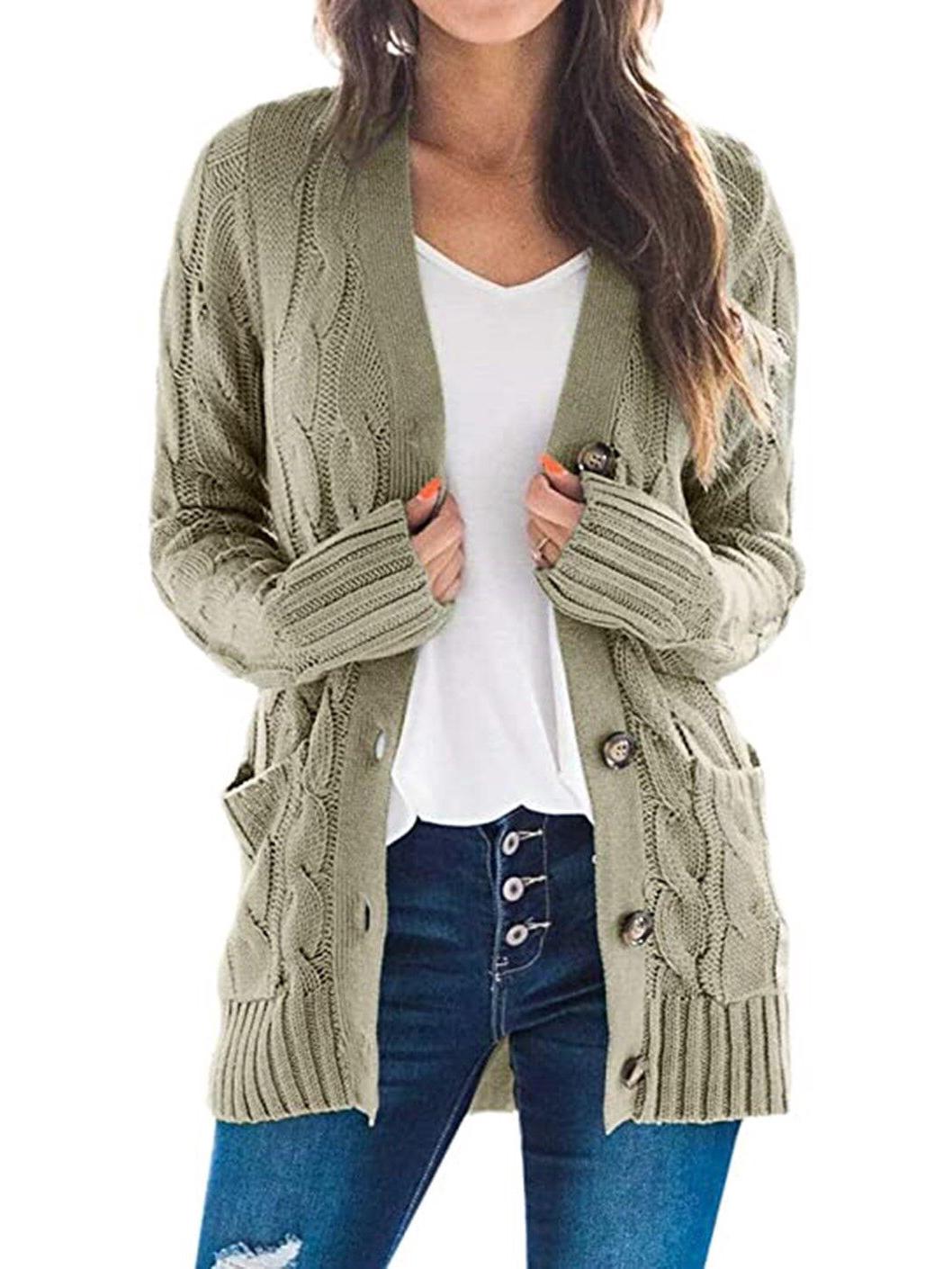 

2024 Women s Autumn/Winter Cable Knit Button-Up Cardigan - European and American Casual Outerwear, Solid Color Sweater M зелений