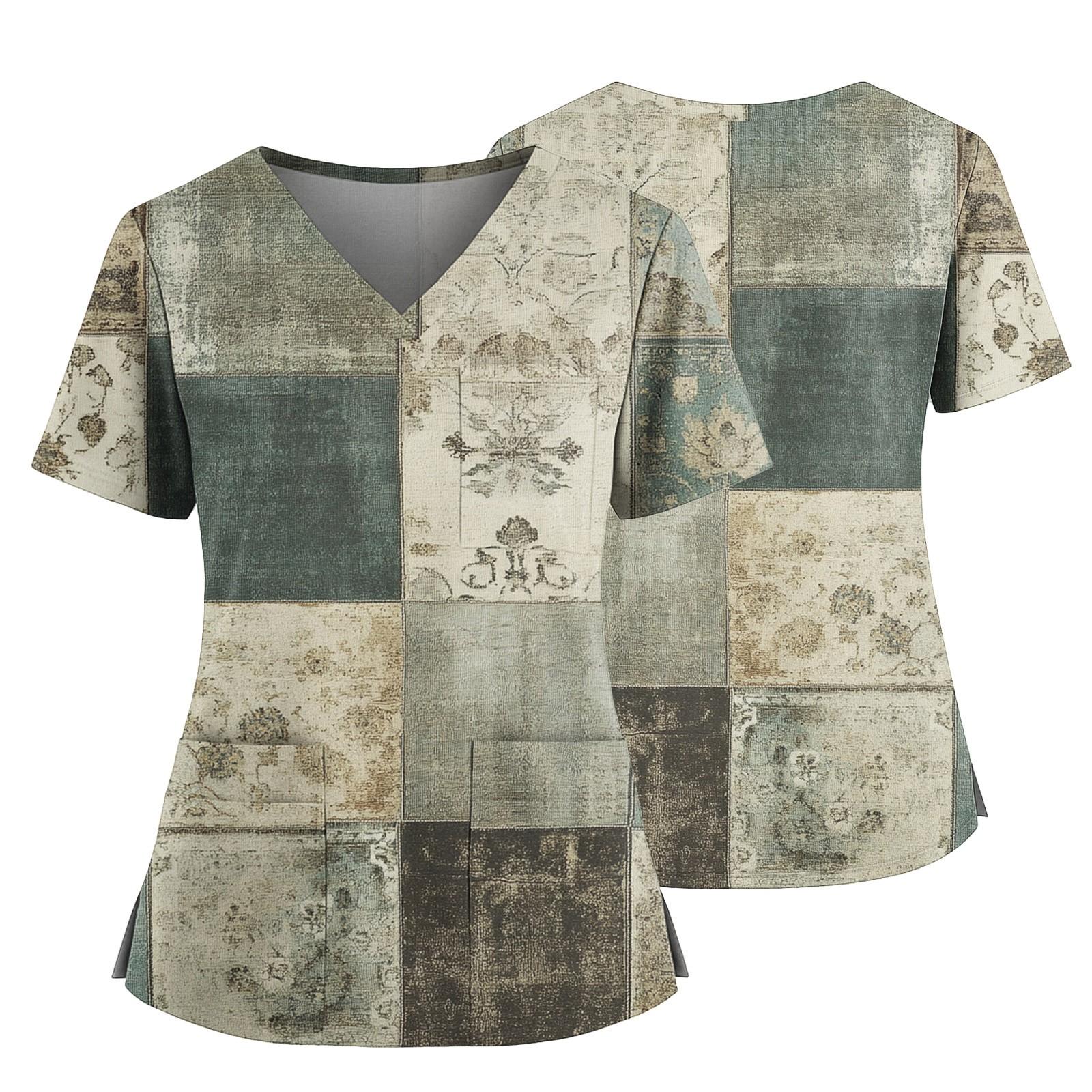 

Women s Casual Printed V-Neck Pocket Side Slit Short Sleeved Top Short Sleeved Top XXL
