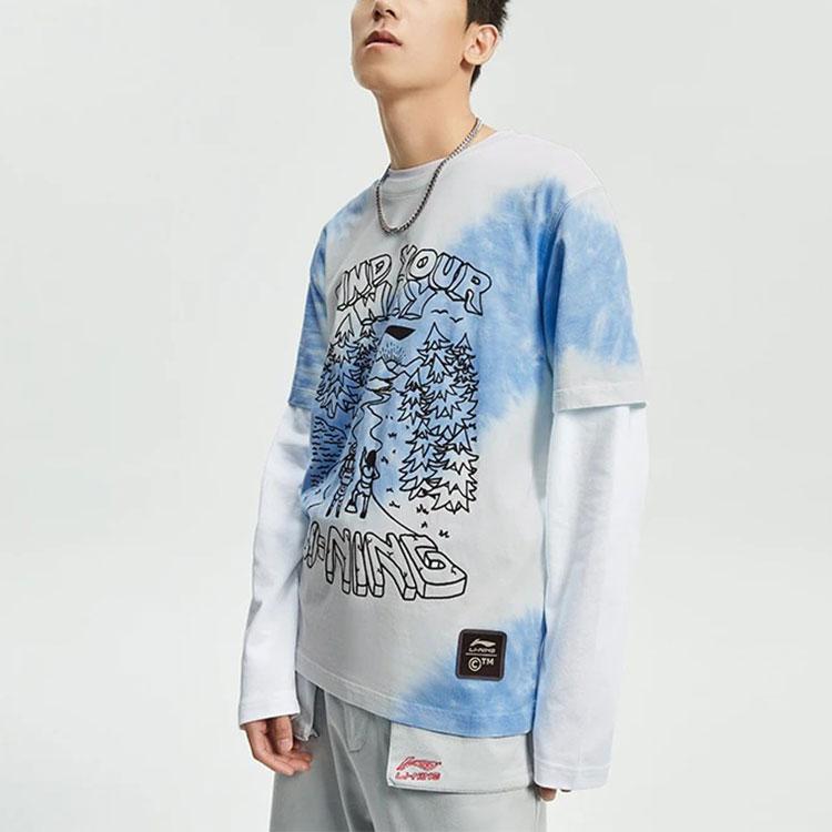 Li-Ning Sport Fashion Series Fun Print Tie-Dye Round Neck Short Sleeve T-Shirt Unisex Tops Blue AHSR895-1