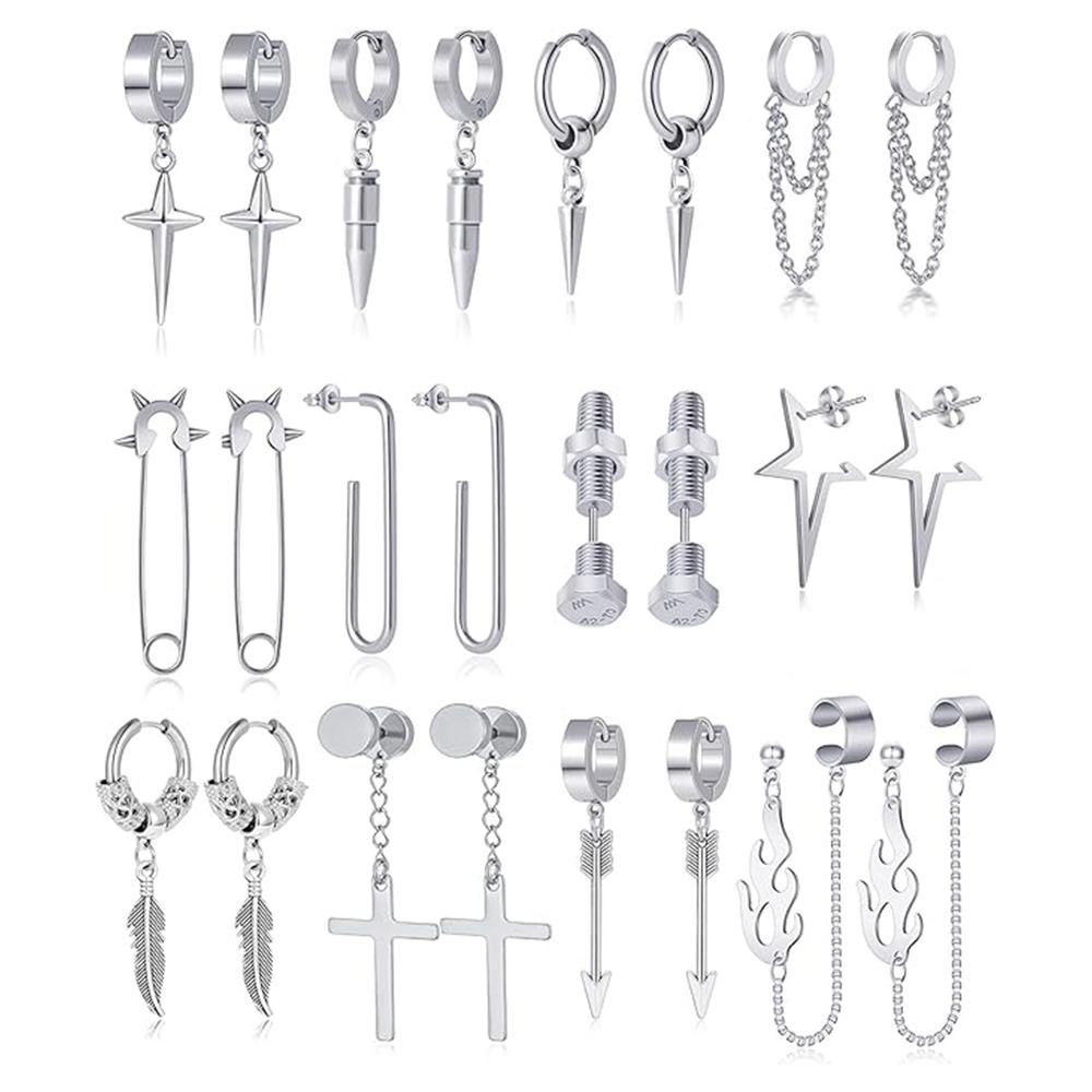 ZF Mens Stainless Steel Silver Spiked Geometric Chain Pendant Piercing Earrings Trendy Casual Versatile Jewelry Accessories серебряный