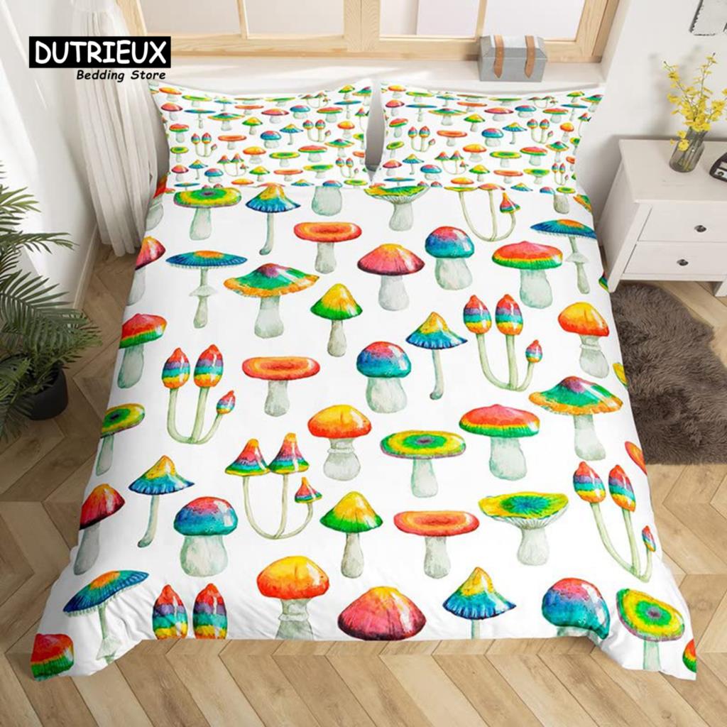 Cartoon Mushrooms Duvet Cover Kawaii Fungus Bedding Set Wild Mushroom Stuff Comforter Cover Twin King for Boys Girls Room Decor