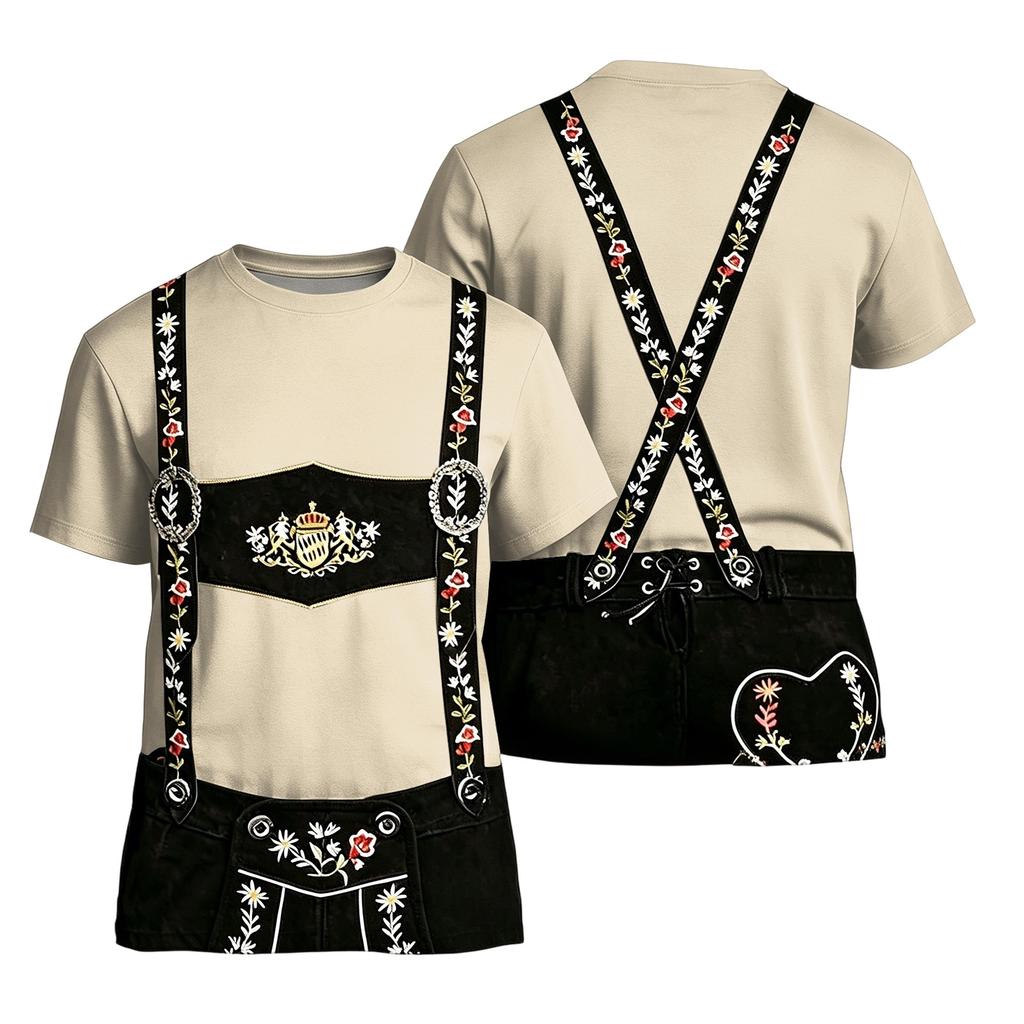 Men's Oktoberfest Short Sleeve T Shirt Vintage Texture Print Loose Fit Casual Summer Daily Wear Top with Embroidered Suspenders Design