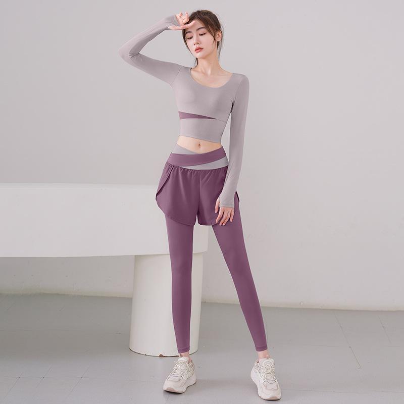 With chest pads, long sleeves, fake two-piece trousers set, running fitness, yoga clothes, sports women's outer wear, quick-drying, high waist