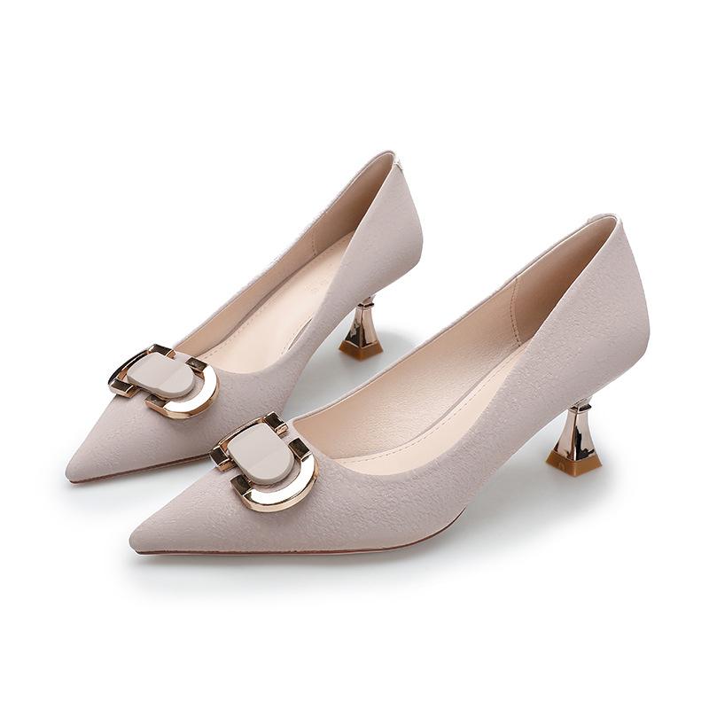 French soft leather temperament high heels Korean version metal buckle shallow mouth single shoes women's professional OL pointed thin heel women's