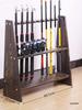 Wooden Floor-Standing Fishing Rod Display Rack with 10-Rod Capacity for Lure Rods, Hand Rods, and Billiard Cues.