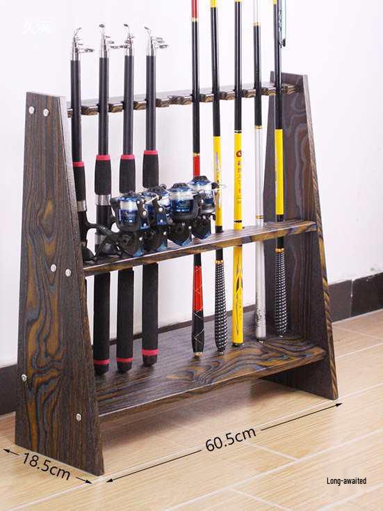 Wooden Floor-Standing Fishing Rod Display Rack with 10-Rod Capacity for Lure Rods, Hand Rods, and Billiard Cues.