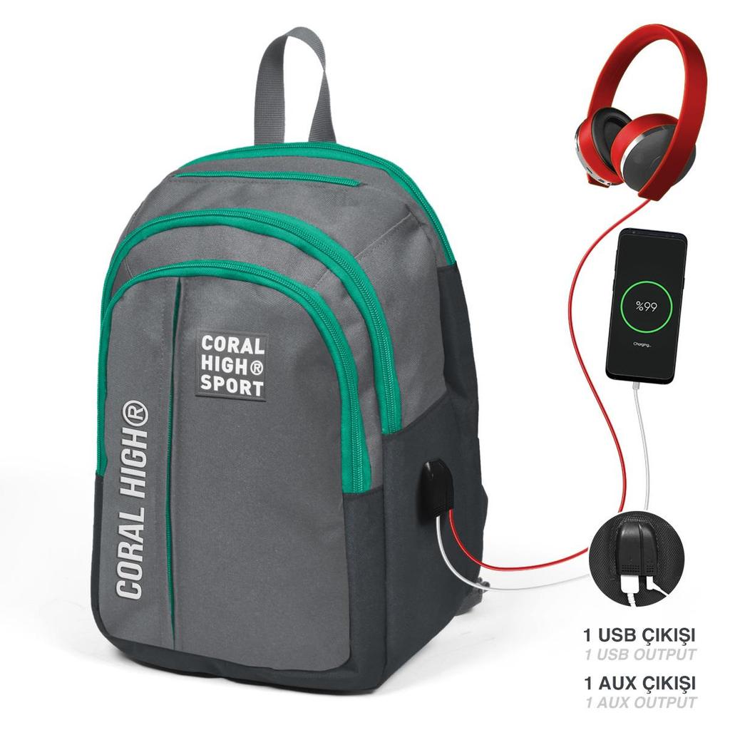 coral high Gray Five Compartment USB Charging Headphone Output Backpack 23243
